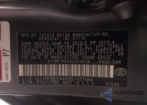 2012 Toyota Camry Se z USA, uszkodzony, nr VIN 4T1BF1FK4CU054836